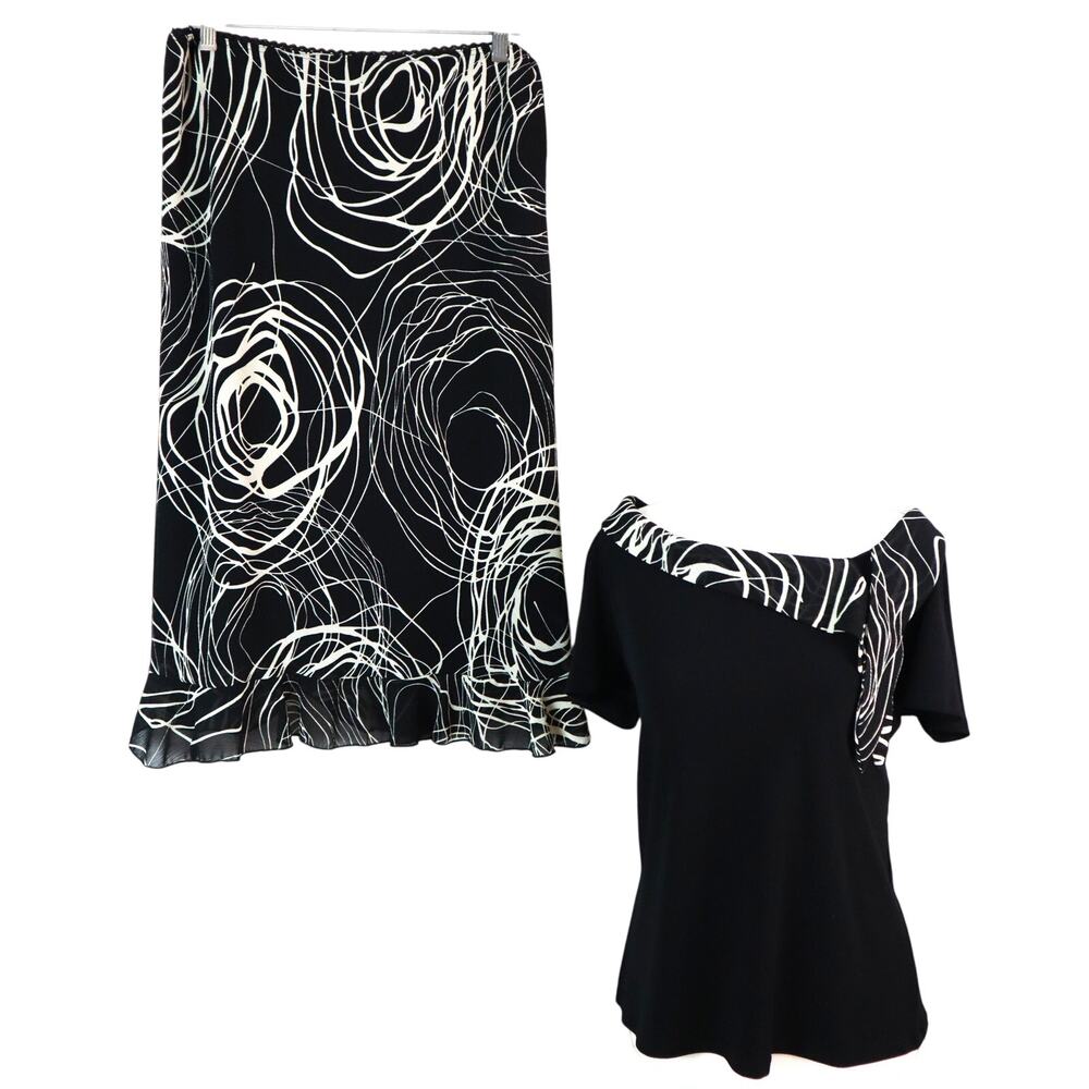 Believe Vintage 90s Y2K Black and Cream Skirt Set Ruffle Hen Boat Neck 12 Work